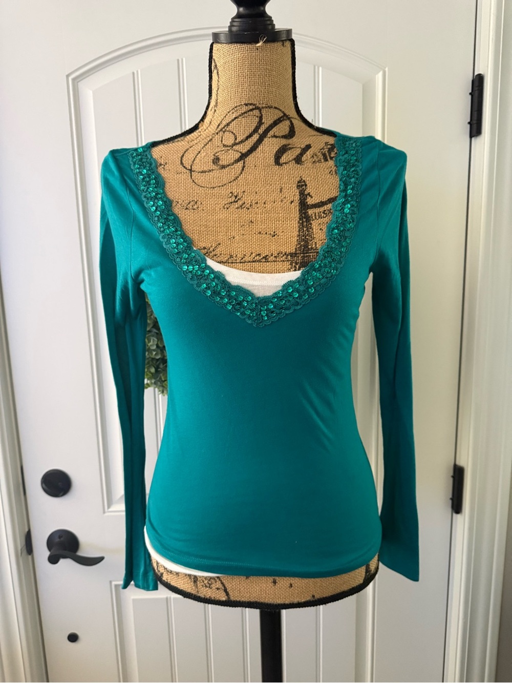 One Step Ahead Teal Long-Sleeve V-Neck Top with Sequined Trim